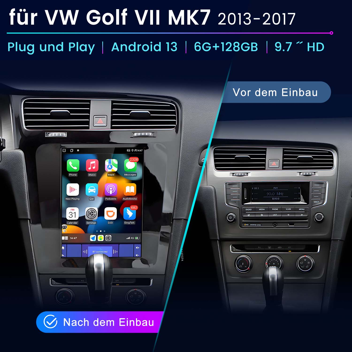 Deska rozdzielcza VW Golfa. Wyświetla system nawigacji, przed i po instalacji.
