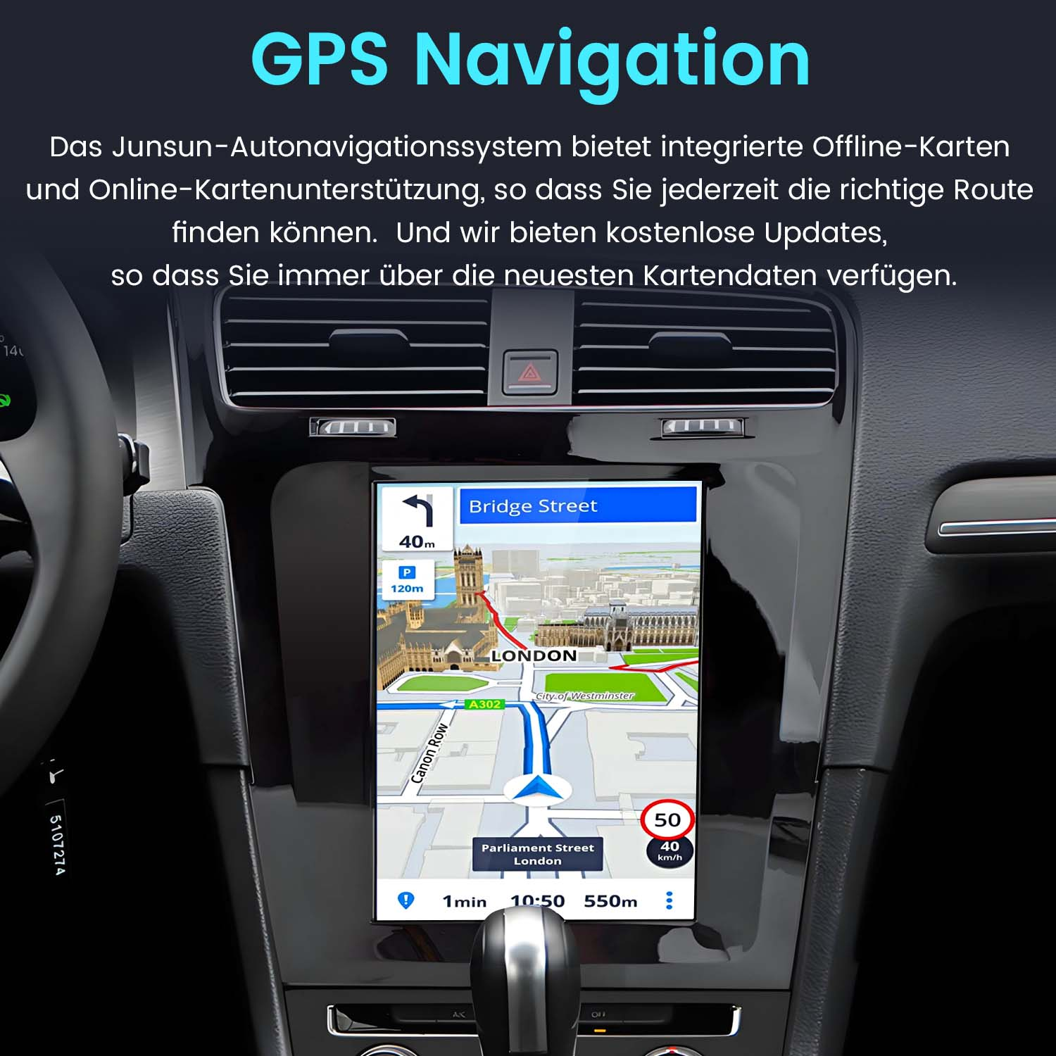 Deska rozdzielcza samochodu z ekranem nawigacji GPS, pokazującym mapę Londynu i ograniczenie prędkości.