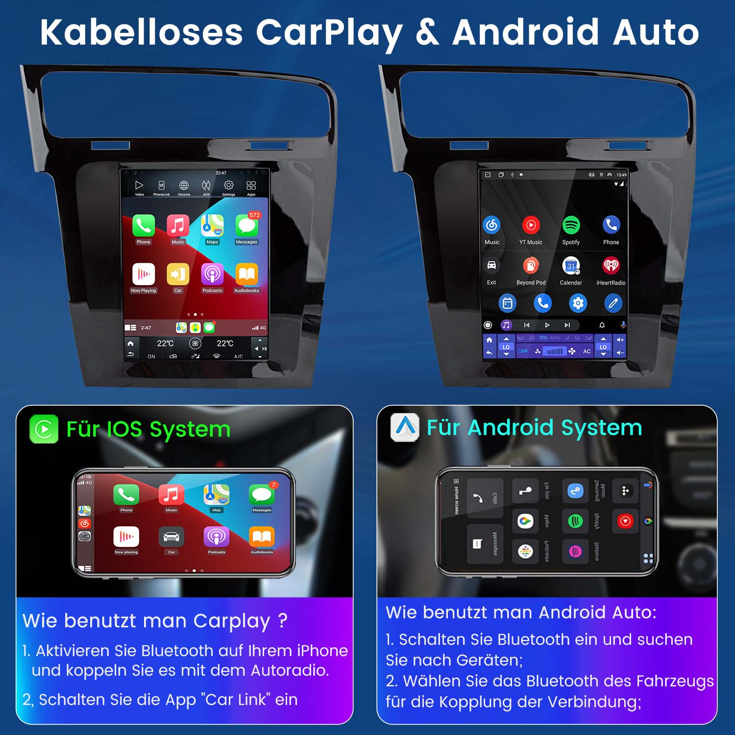 Dwa ekrany samochodowe z interfejsami CarPlay i Android Auto. Tekst po niemiecku.