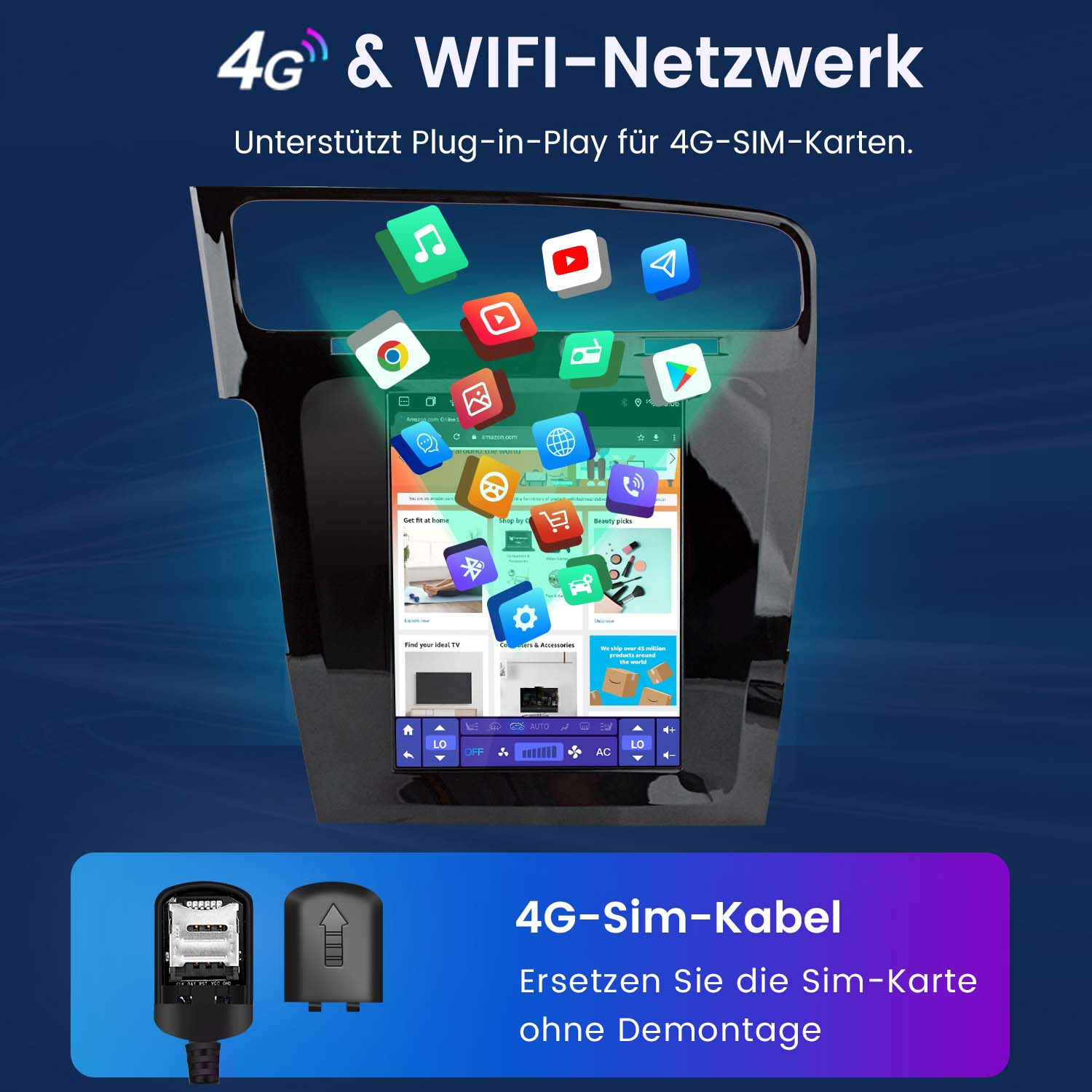 Ekran radia samochodowego wyświetlający ikony aplikacji, z logo sieci 4G i WiFi.