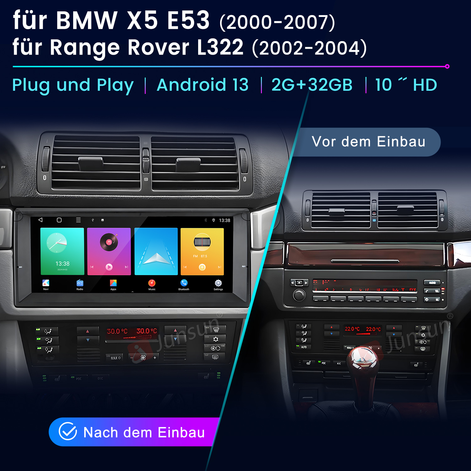 Autoradio-Bildschirm mit Text und Knöpfen. Für BMW und Range Rover. Hintergrund unscharf.
