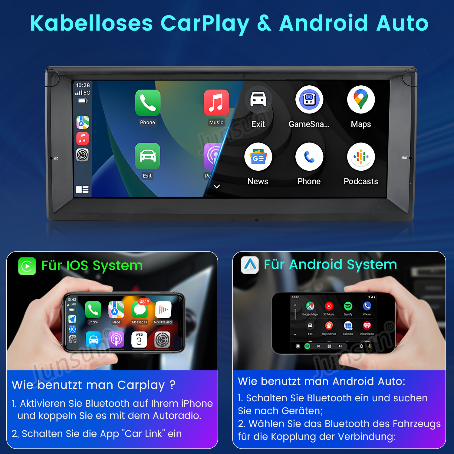 Ein Auto-Infotainment-Bildschirm. Zwei Telefone zeigen CarPlay und Android Auto. Anweisungen sind auf dem Bildschirm.