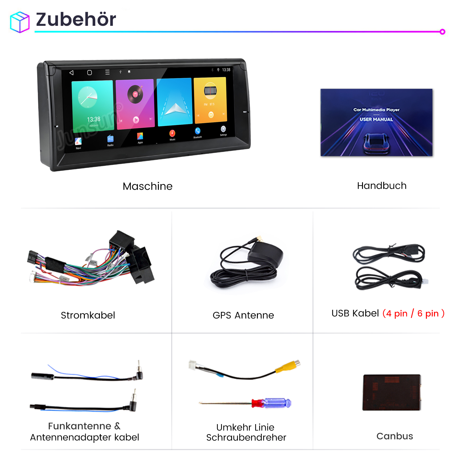 Komponenten des Auto-Multimedia-Players, einschließlich Bildschirm und Kabel.