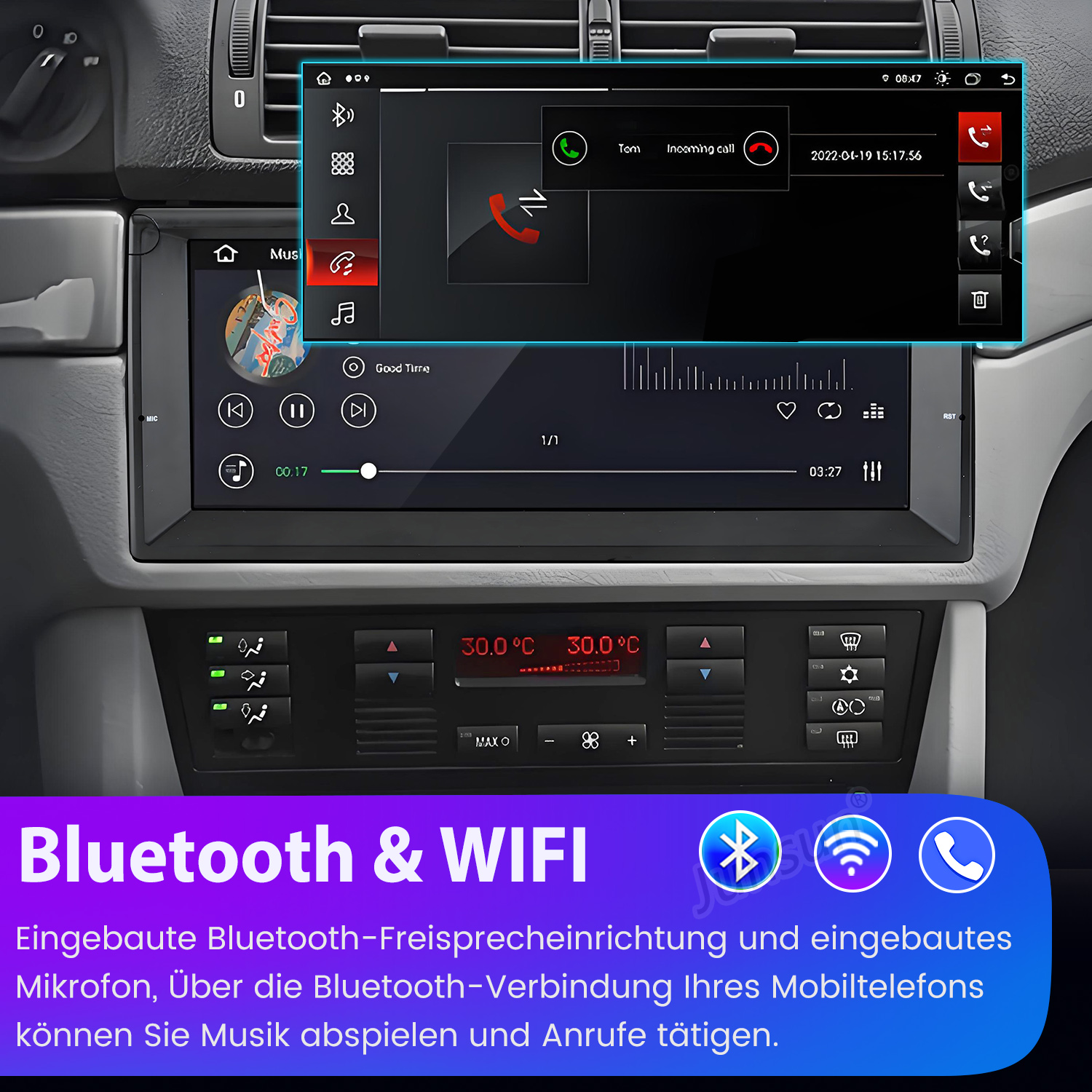Autoradio-Bildschirm mit eingehendem Anruf von Tom, Musiksteuerung und Bluetooth- und WLAN-Symbolen.