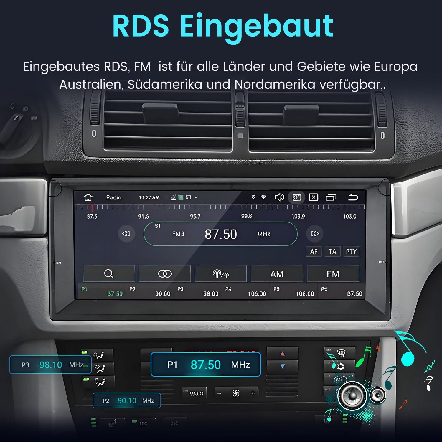 Autoradio mit Display, das Radioinformationen anzeigt, mit Text zu RDS.