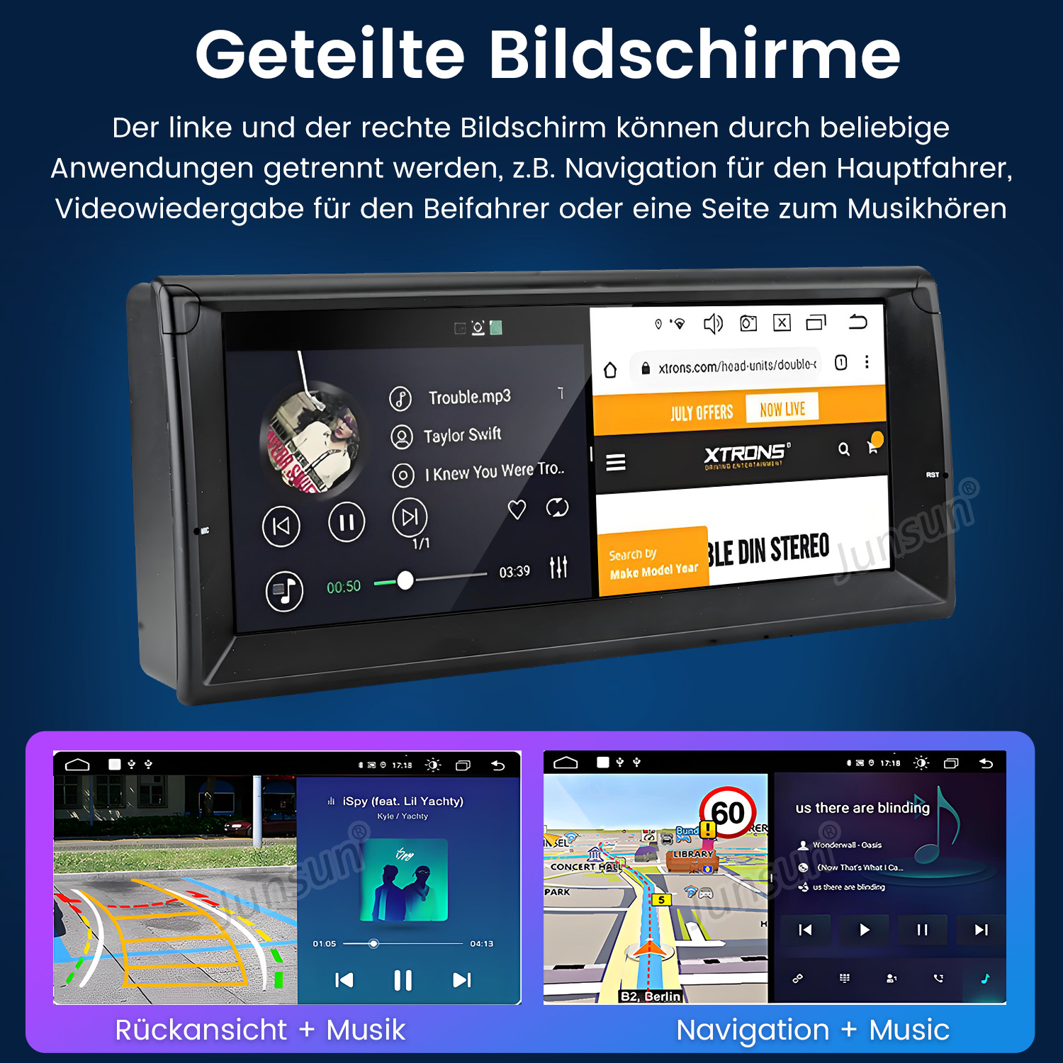 Bildschirm des Auto-Multimedia-Systems. Es zeigt Musik- und Navigations-Apps. Text: Geteilte Bildschirme.