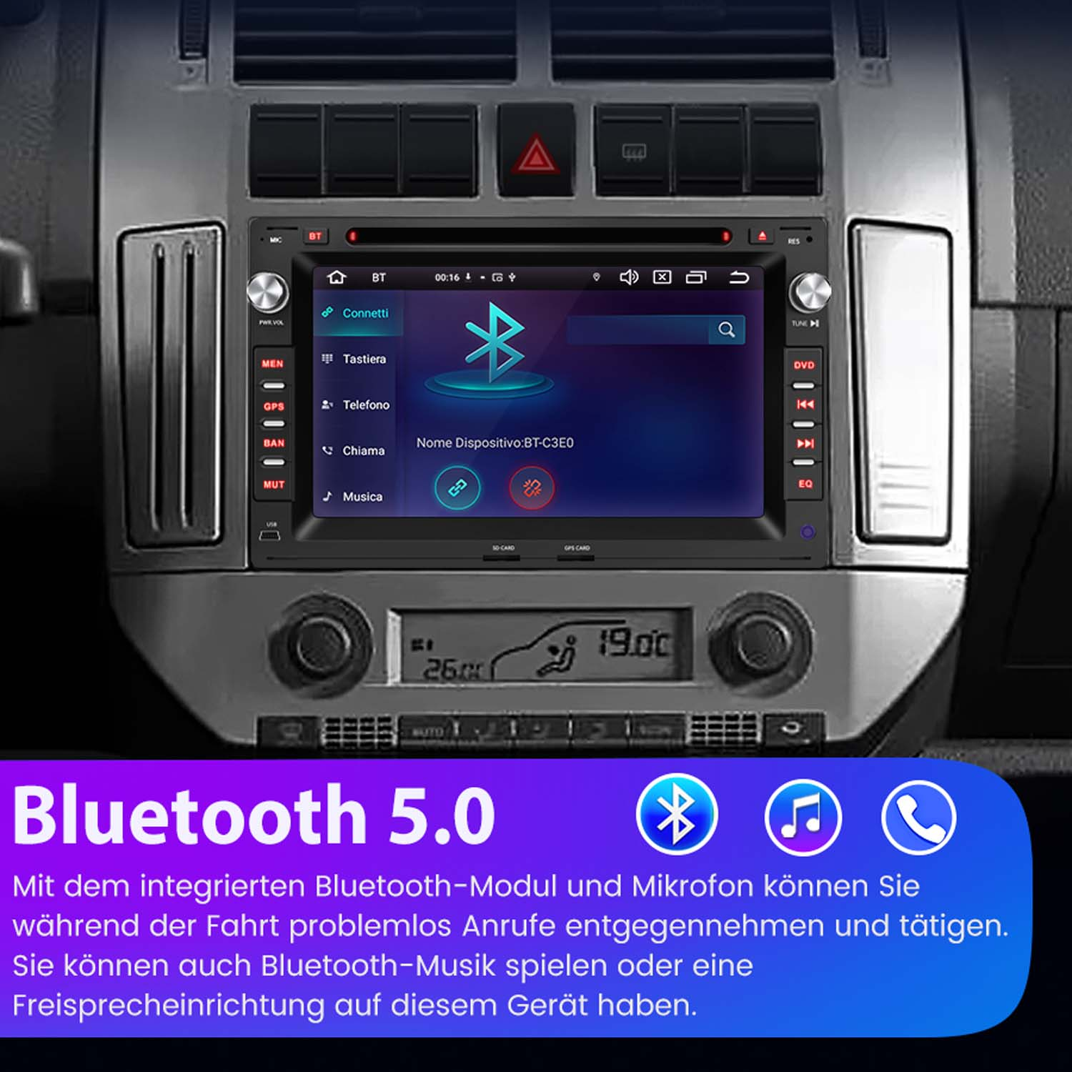 Ekran radia samochodowego wyświetlający ikonę połączenia Bluetooth. Tło to wnętrze samochodu.