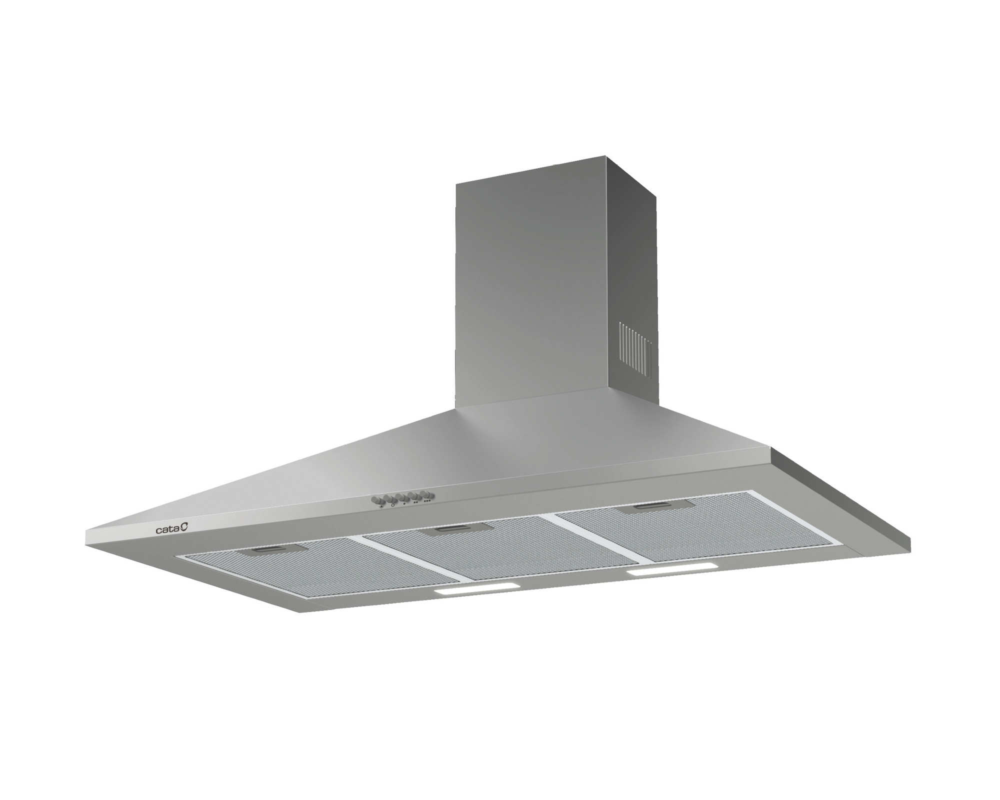 Una ventola di estrazione a soffitto. È argentata con tre luci e prese d'aria.