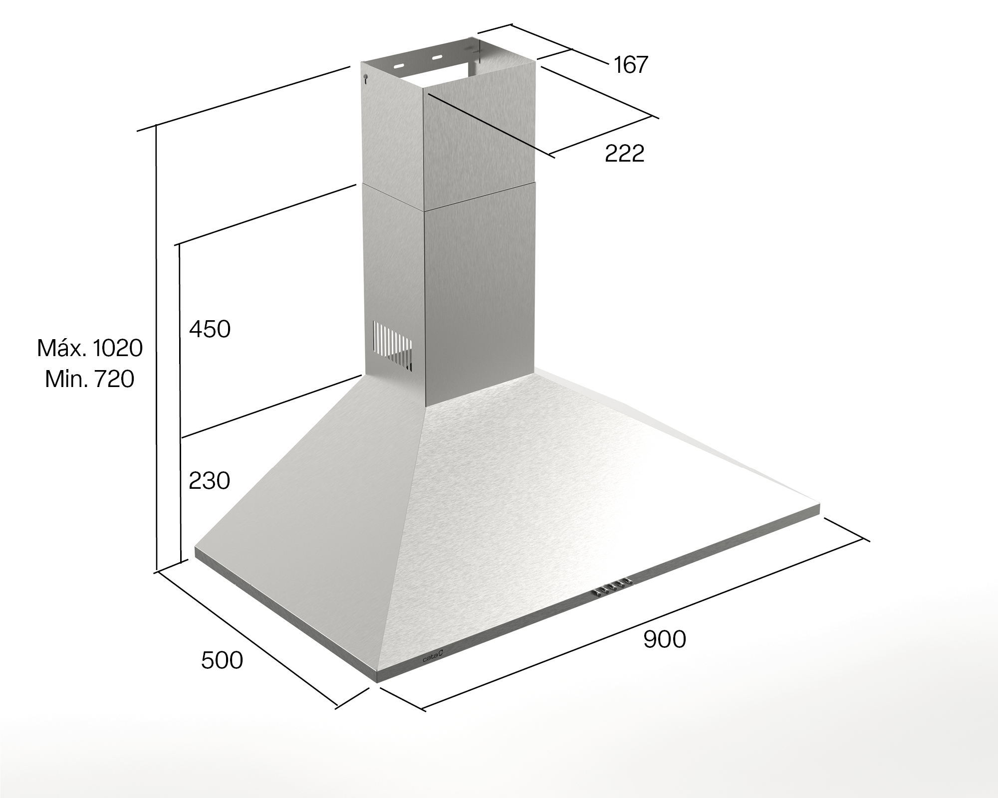 Una cappa in acciaio inossidabile con dimensioni segnate. La cappa ha una base rettangolare e una parte superiore conica.