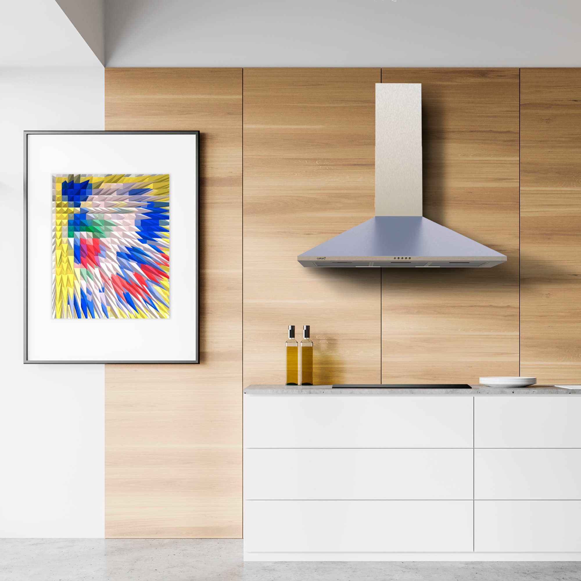 Cucina moderna con un'opera d'arte incorniciata e una cappa in acciaio inox.