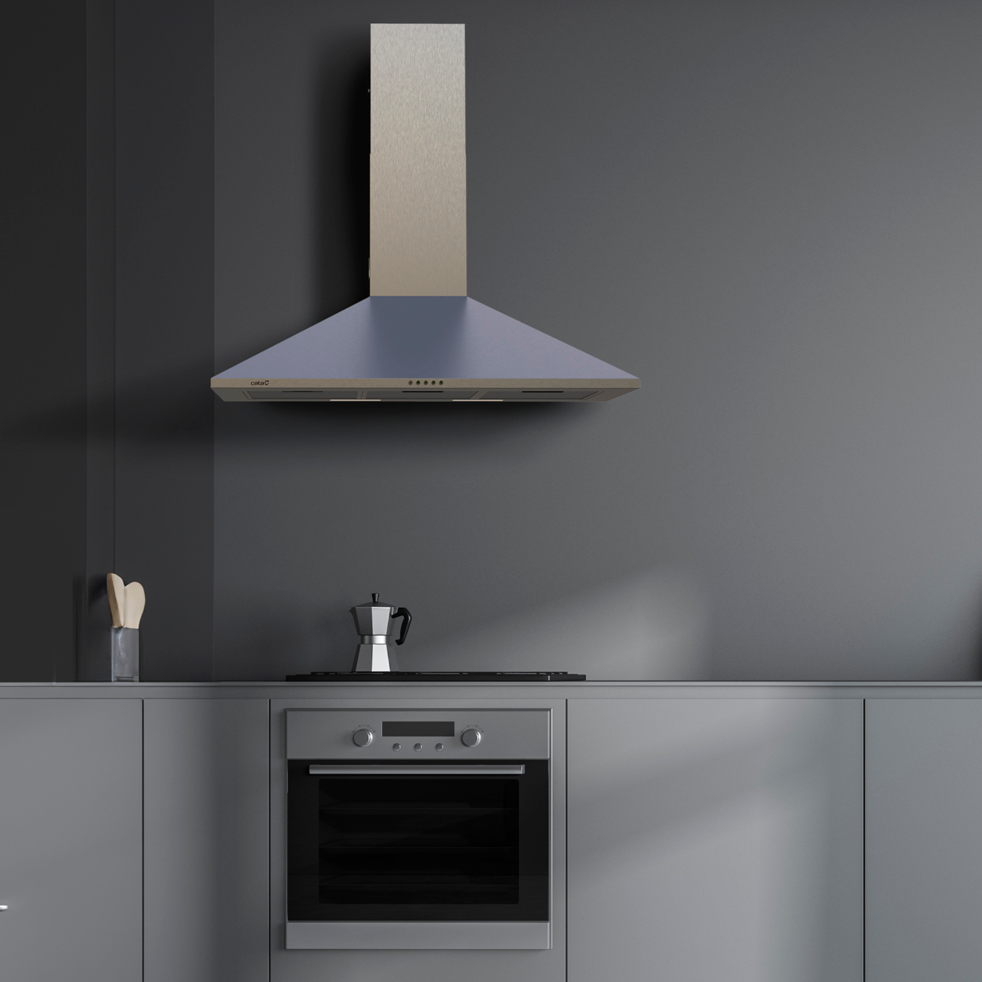 Una cucina con cappa e forno in acciaio inossidabile, armadi e parete grigi.