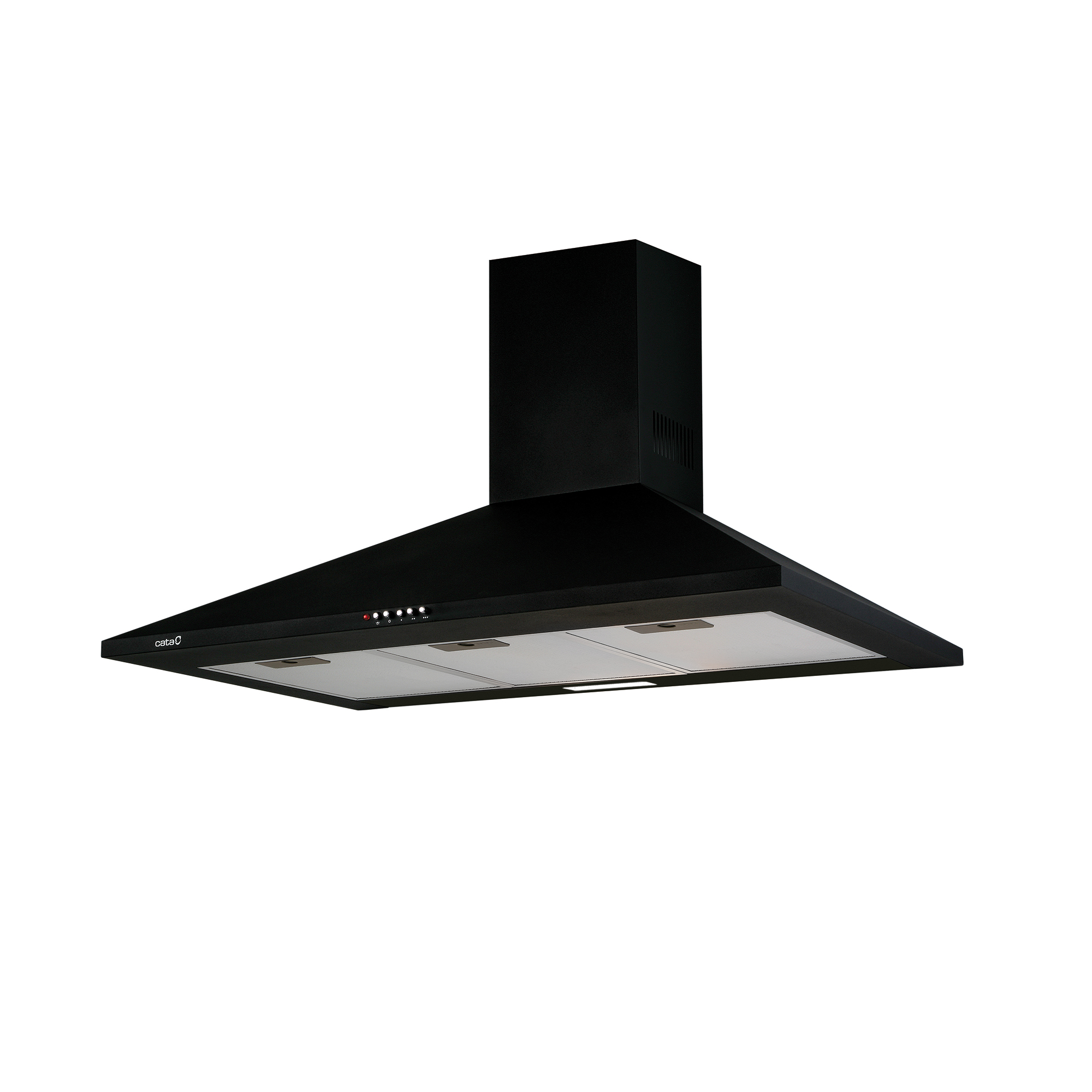 Cappa nera su sfondo bianco. Ha un design inclinato e tre luci.