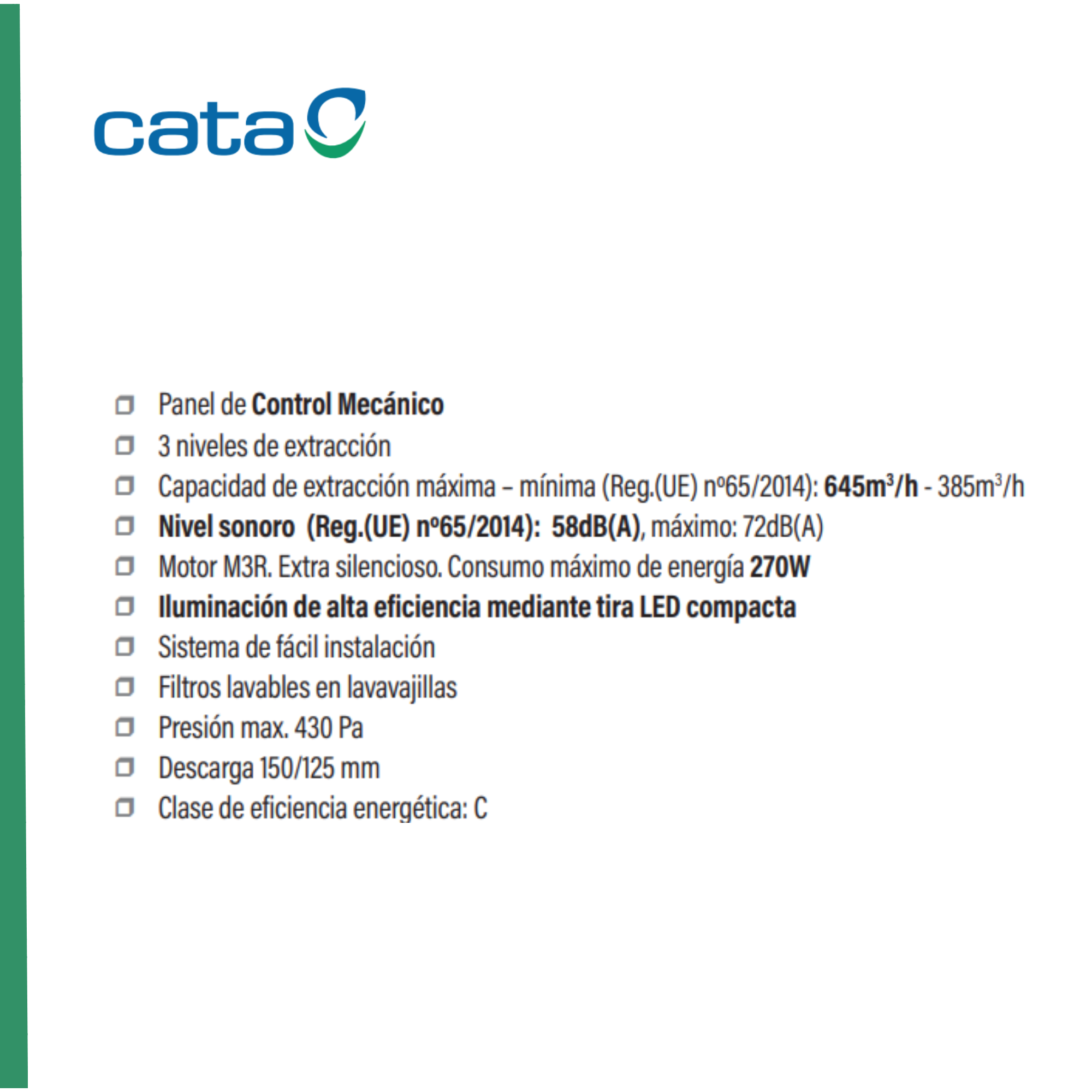 Un foglio bianco con testo e il logo 'cata'. Il testo descrive le caratteristiche del prodotto.
