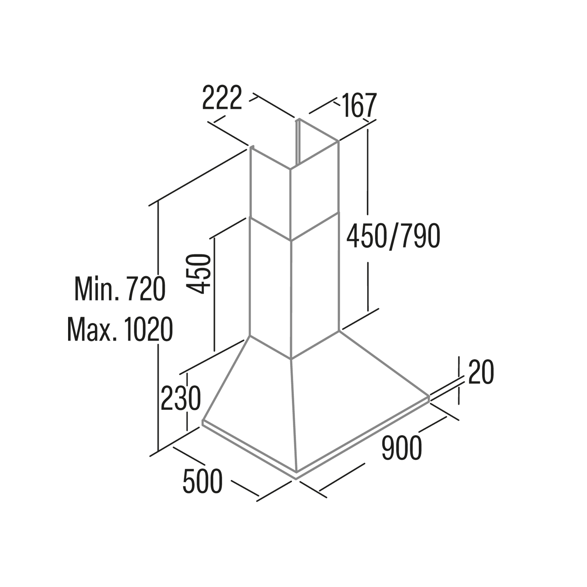 Diagramma di una cappa che mostra le dimensioni in millimetri, su sfondo bianco.