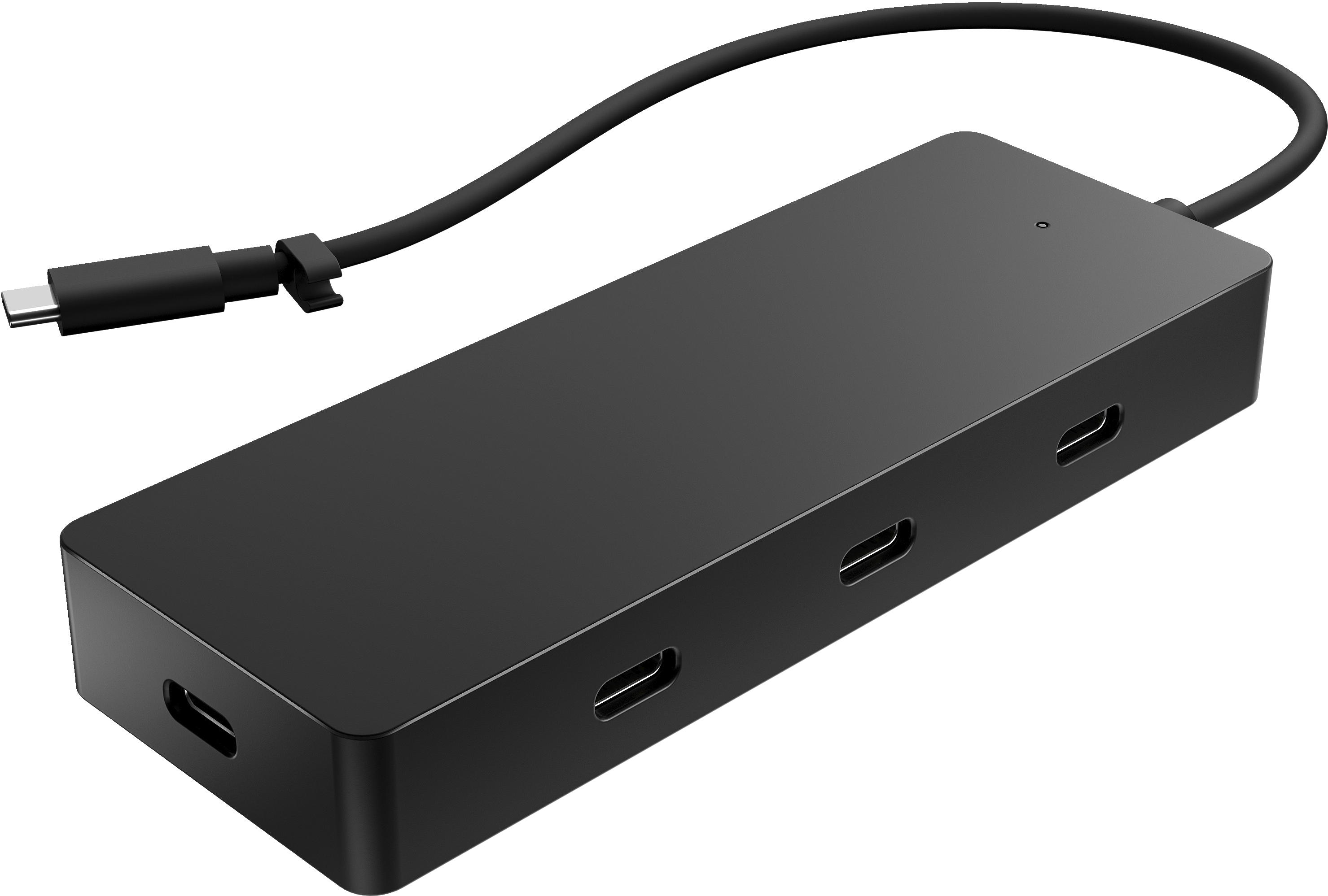 Czarny hub USB-C z wieloma portami i dołączonym kablem, izolowany na białym tle.