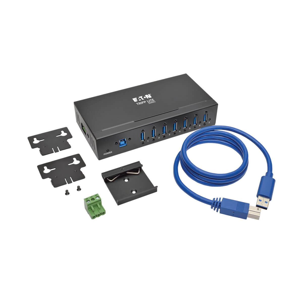 Hub USB nero con varie porte di connessione.