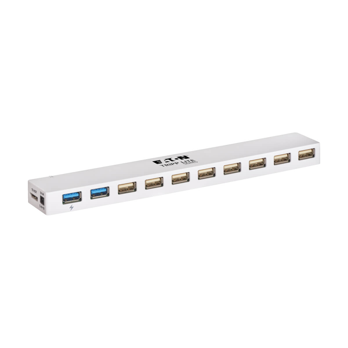 Un hub USB bianco con molte porte USB, con uno sfondo bianco.
