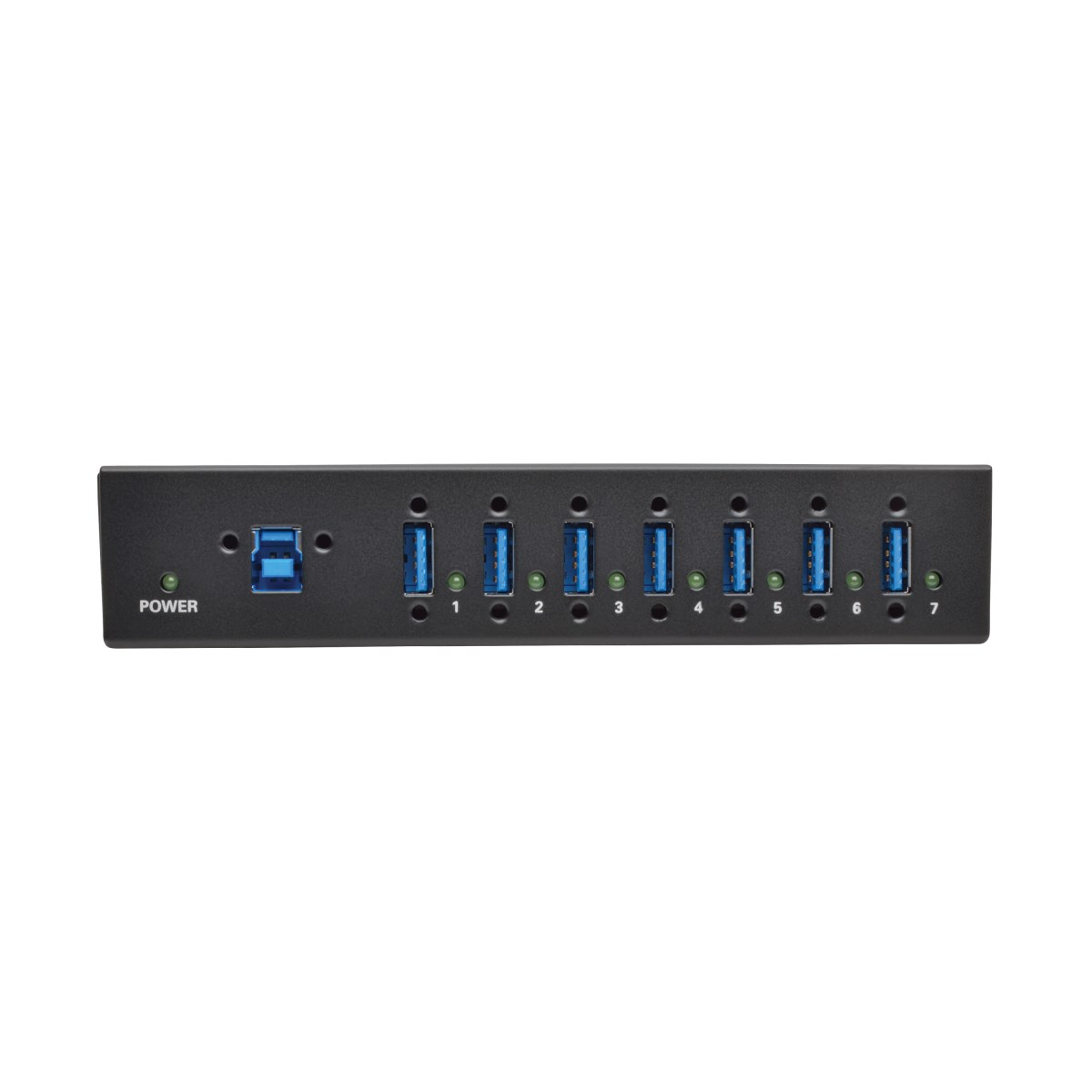 Un hub USB nero con più porte USB blu, con un indicatore di alimentazione.