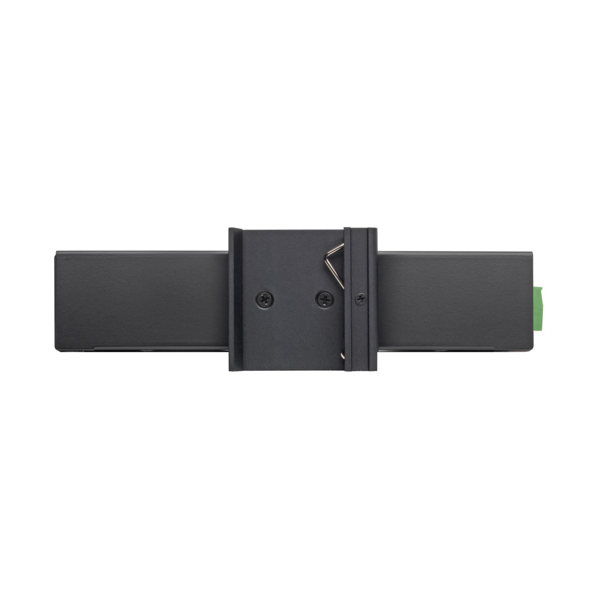 Dispositivo nero con due bracci per il montaggio. Ha viti e una morsettiera verde.