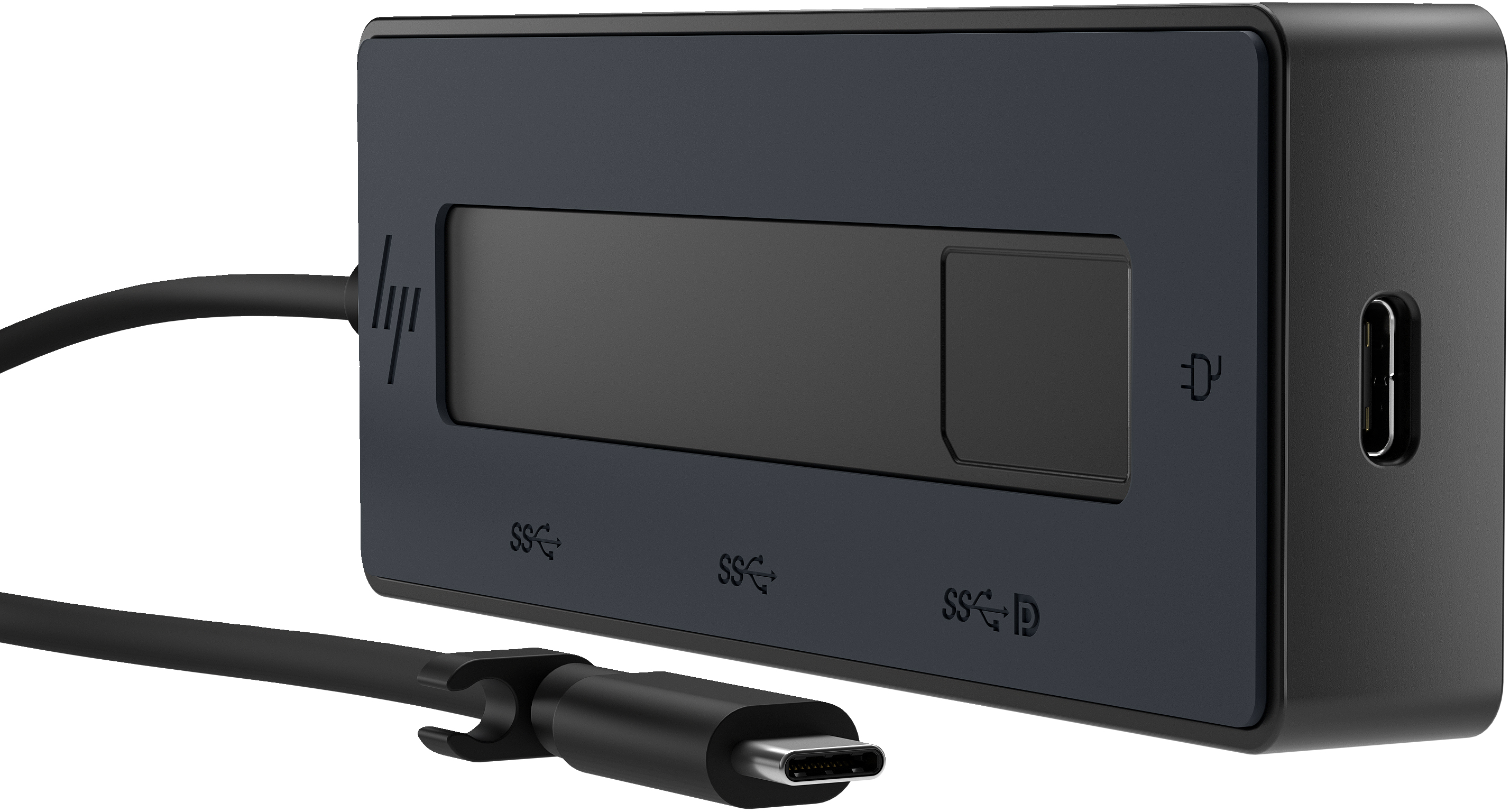 Hub nero con più porte e cavo USB-C.