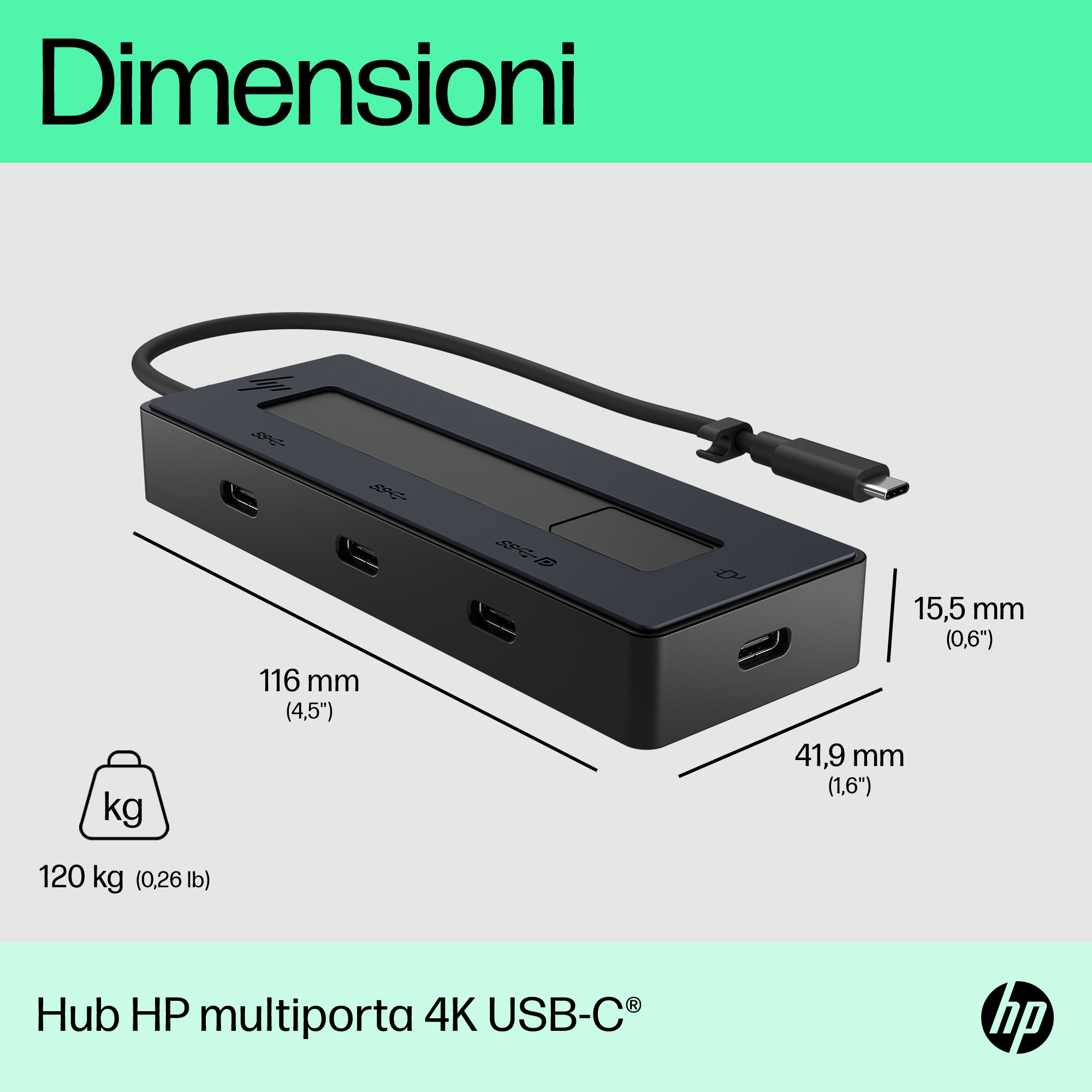 Czarny hub USB-C HP ze szczegółami wymiarów i wagi. Ma wiele portów i podłączony kabel.