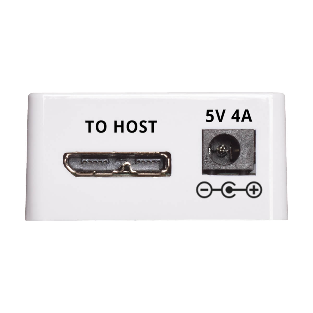 Hub bianco con porte: TO HOST, 5V 4A e ingresso alimentazione.