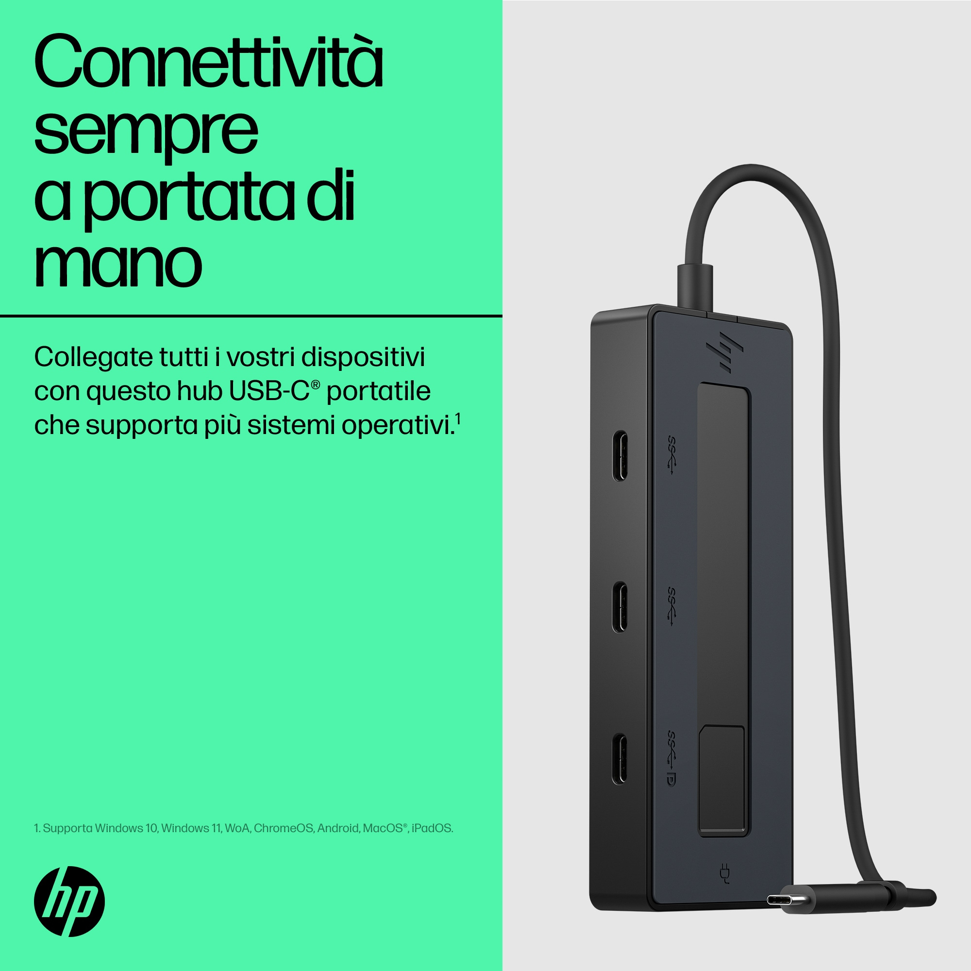 Hub USB-C nero con porte. Testo in italiano a sinistra. Sfondo verde.