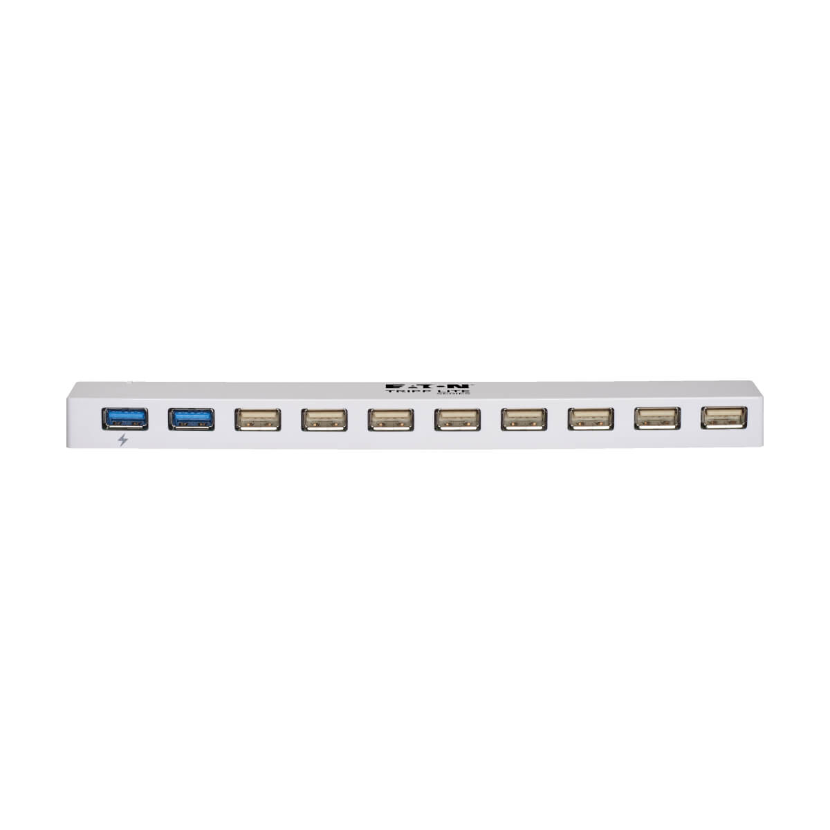 Un hub USB nero con 10 porte e un pulsante di accensione.