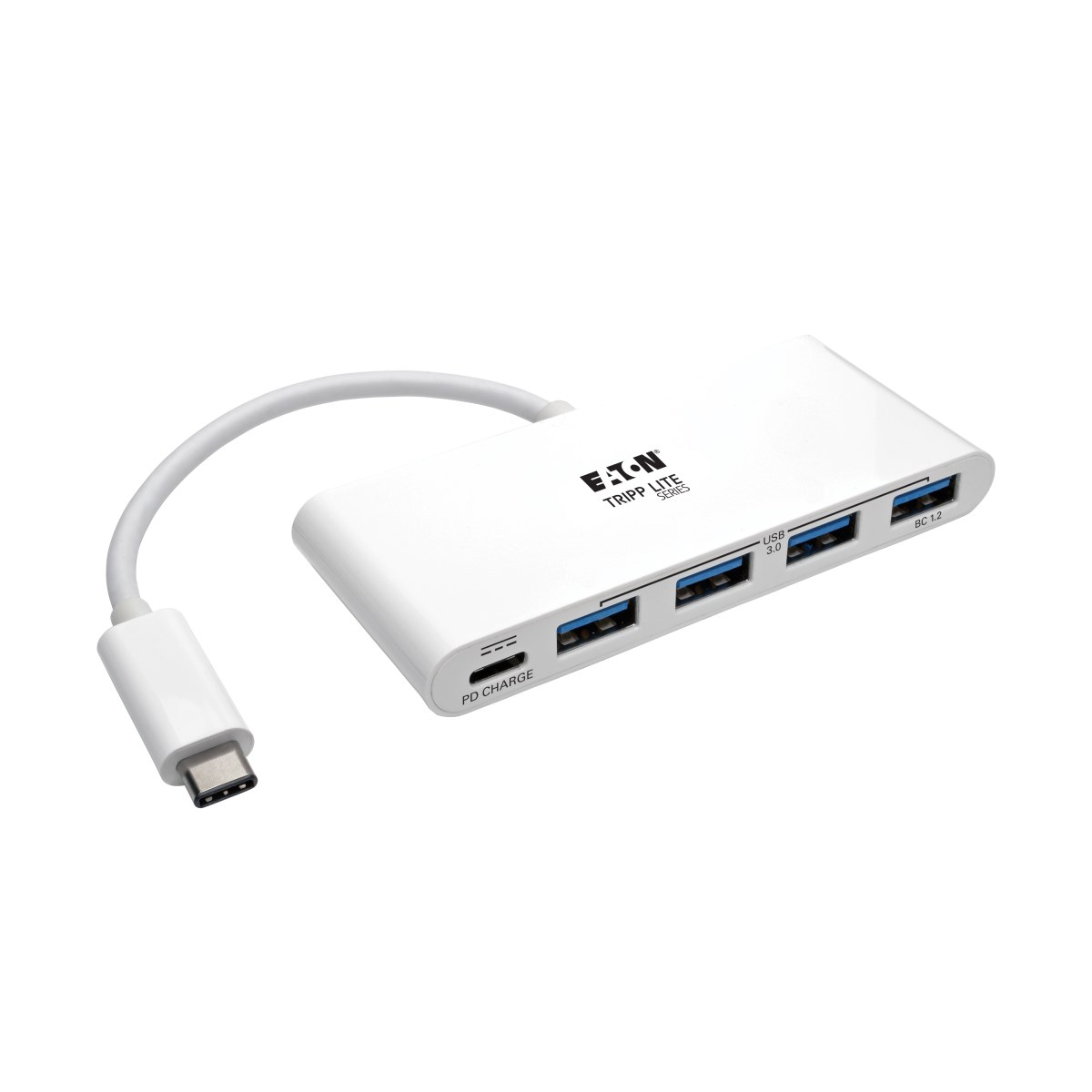 Hub USB bianco con porte USB, cavo collegato e connettore USB-C.