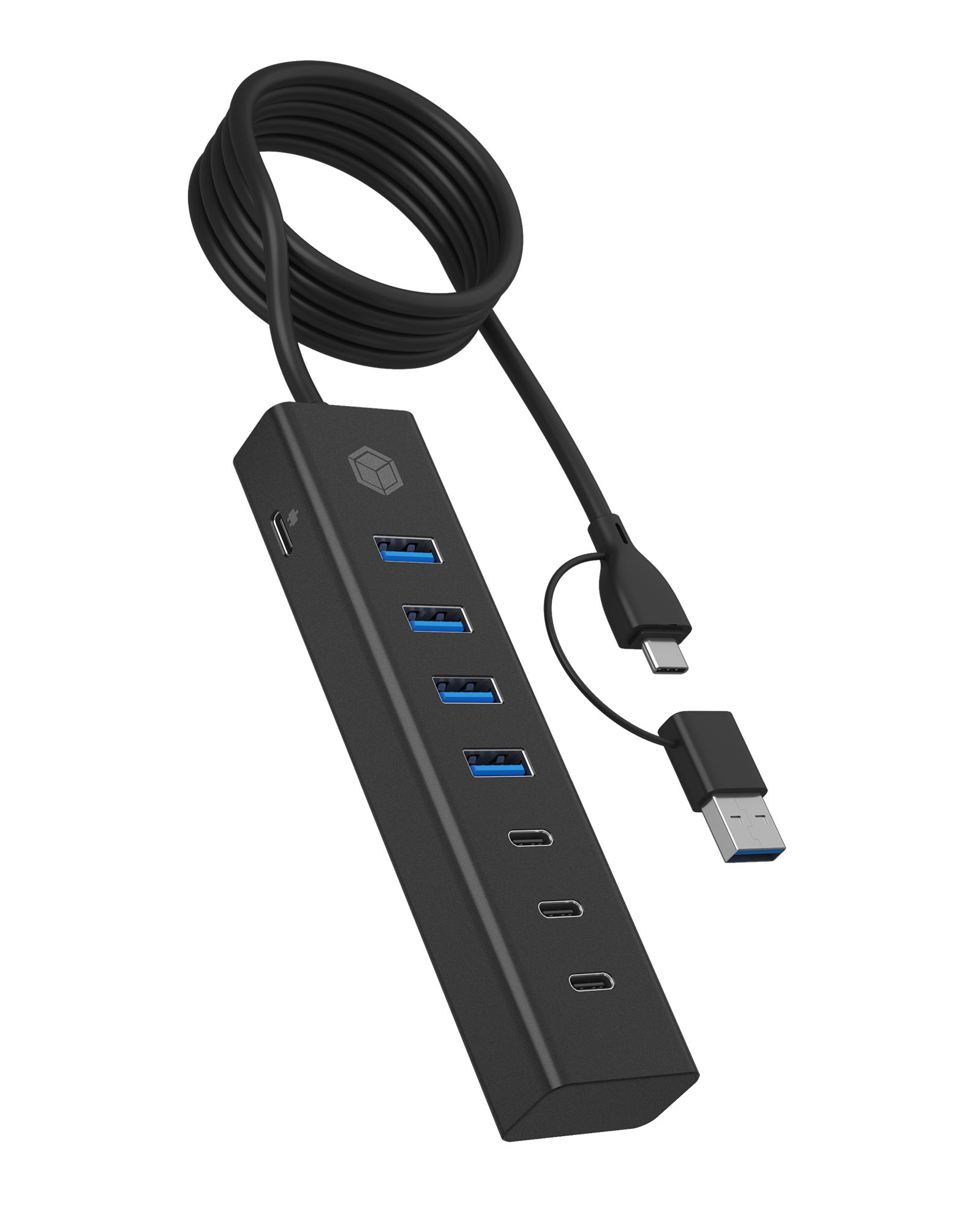Hub USB nero con più porte USB e un cavo con estremità USB e USB-C.