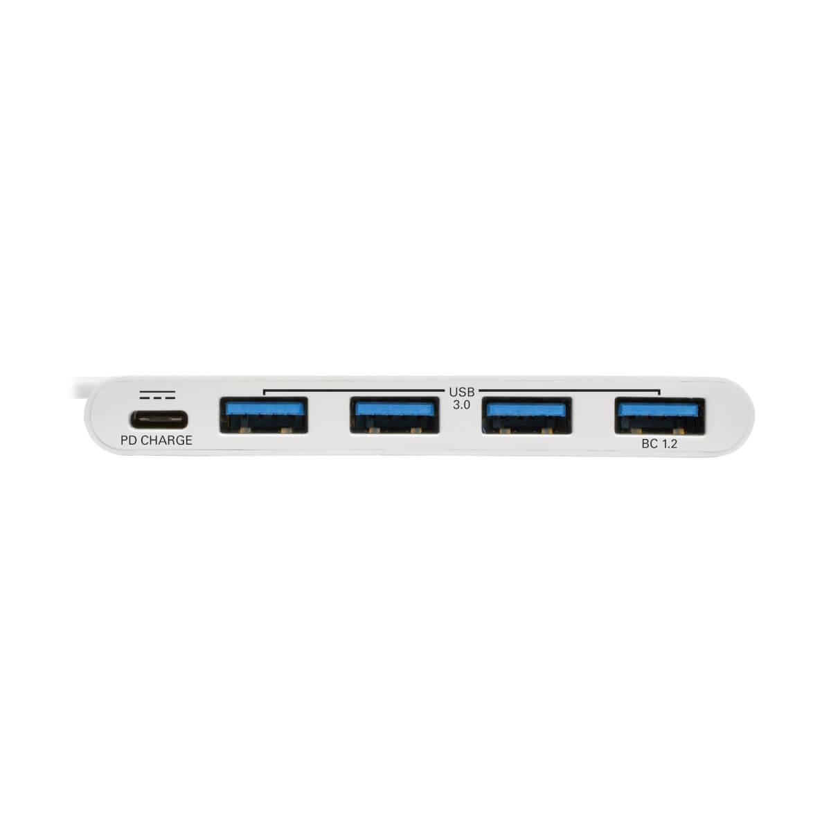 Hub USB bianco con quattro porte, con etichette di ricarica PD e BC 1.2, su sfondo bianco.