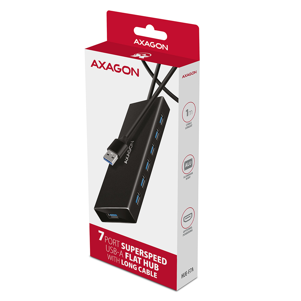 Scatola con un hub USB nero, un cavo USB e testo che descrive il prodotto.