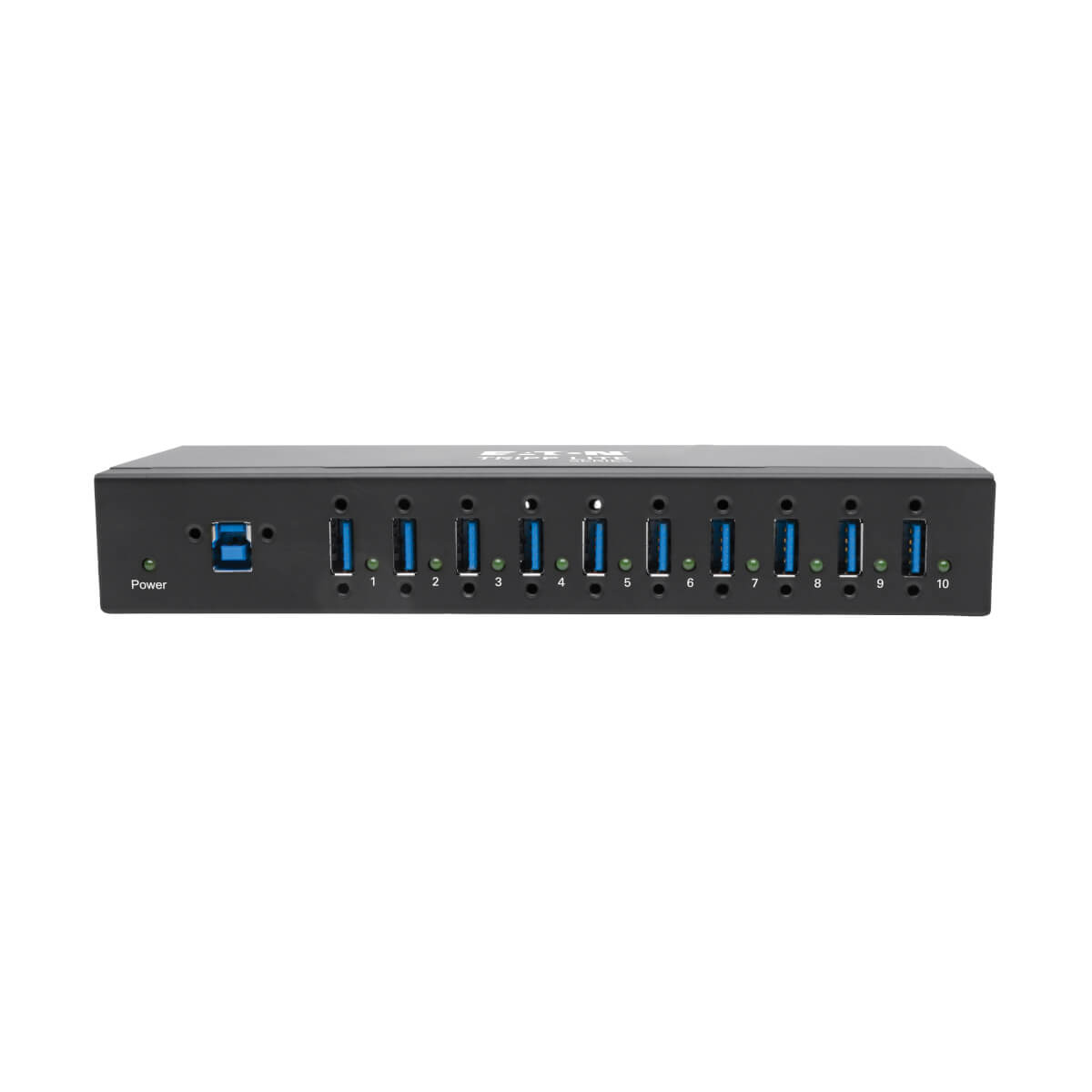 Hub USB nero con 10 porte USB. Pulsante di accensione e numeri di porta visibili.