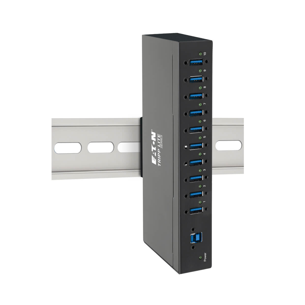 Hub USB nero con 10 porte montato su una guida metallica. Con indicatore di alimentazione.