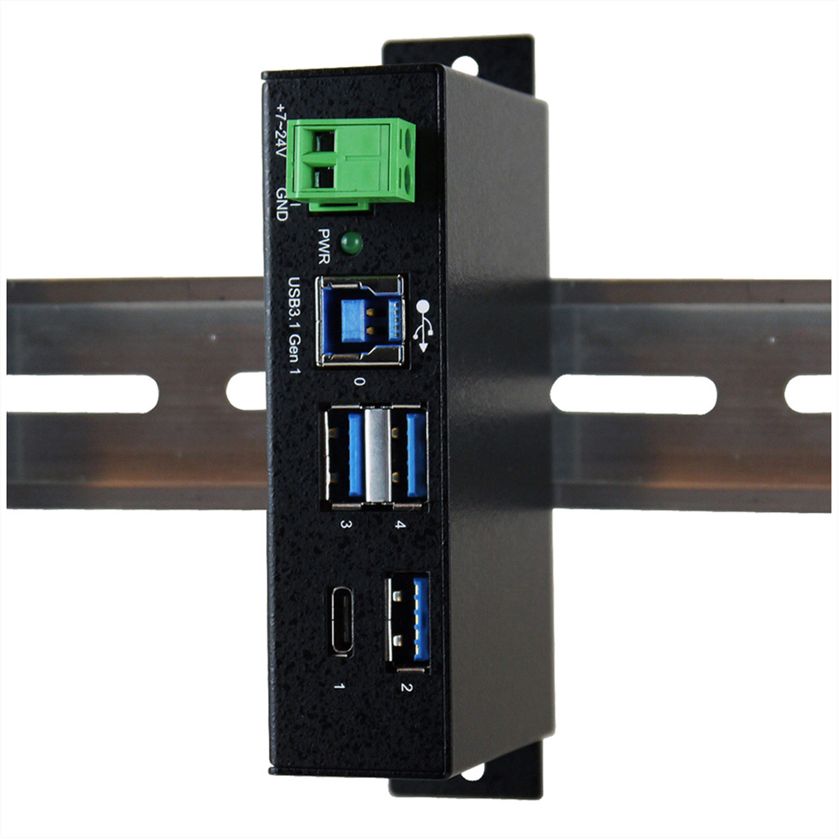 Hub USB nero montato su una guida argentata, con morsettiera verde e più porte USB.
