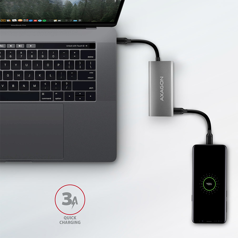 Laptop collegato a un hub USB e a uno smartphone. Logo ricarica rapida.