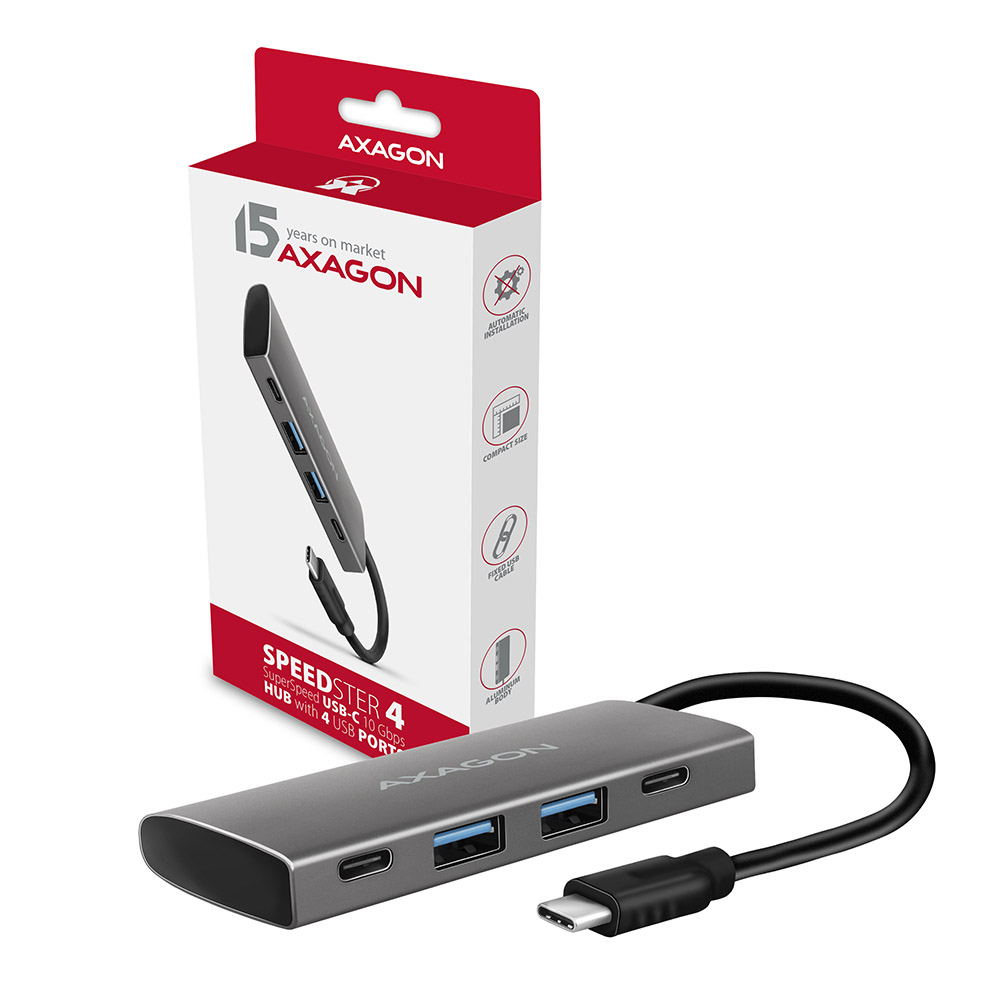 Hub USB argento con 4 porte e cavo. Scatola con immagine del prodotto e marchio. Sfondo bianco.