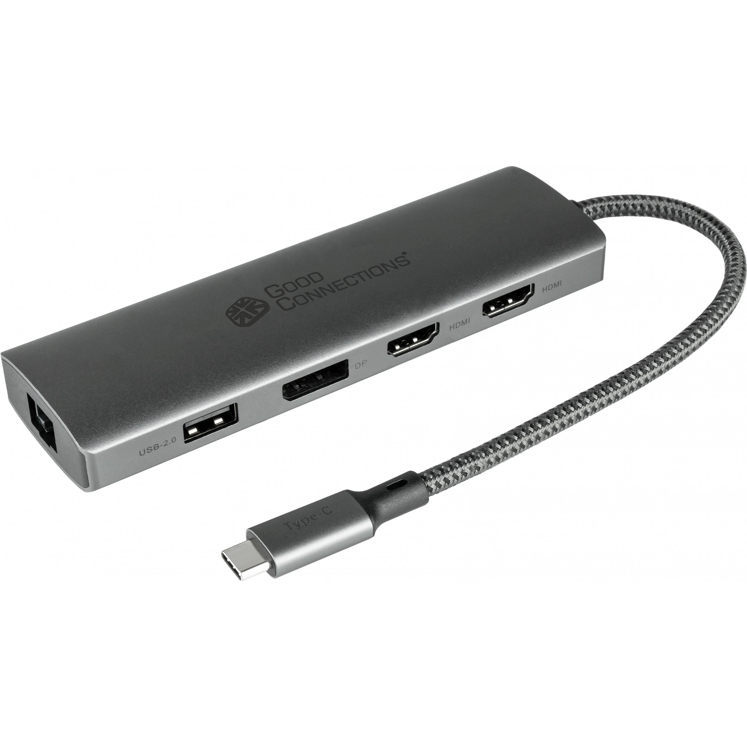 Un hub USB Good Connections argentato con più porte e un cavo intrecciato. Il connettore USB-C è alla fine del cavo.