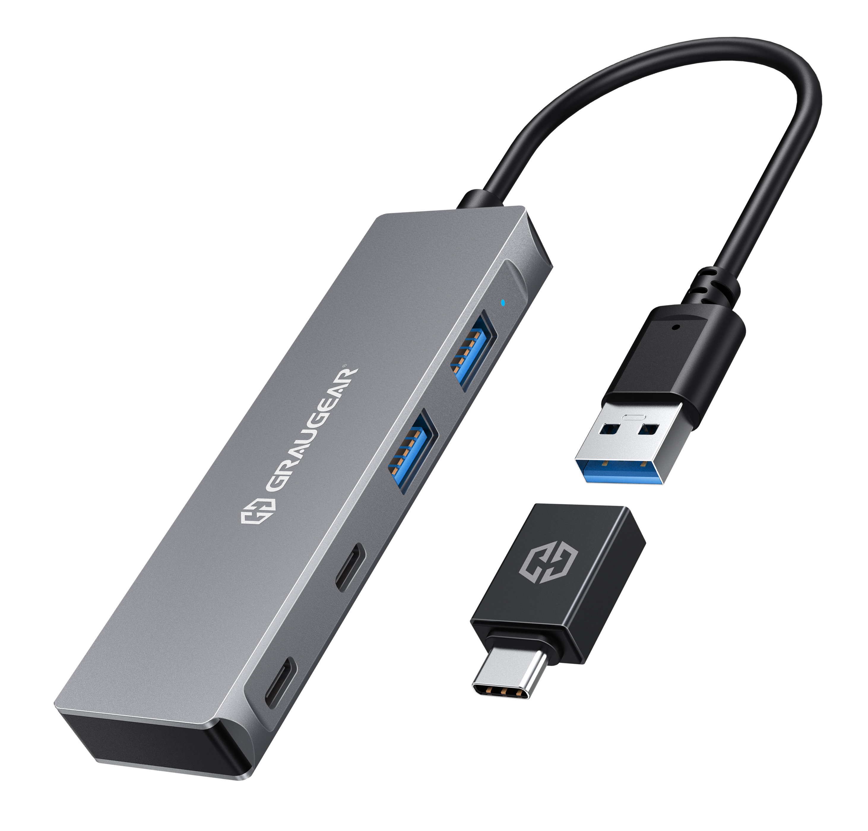 Hub USB argento con adattatore USB-C. Dispone di più porte USB e un connettore USB-C.