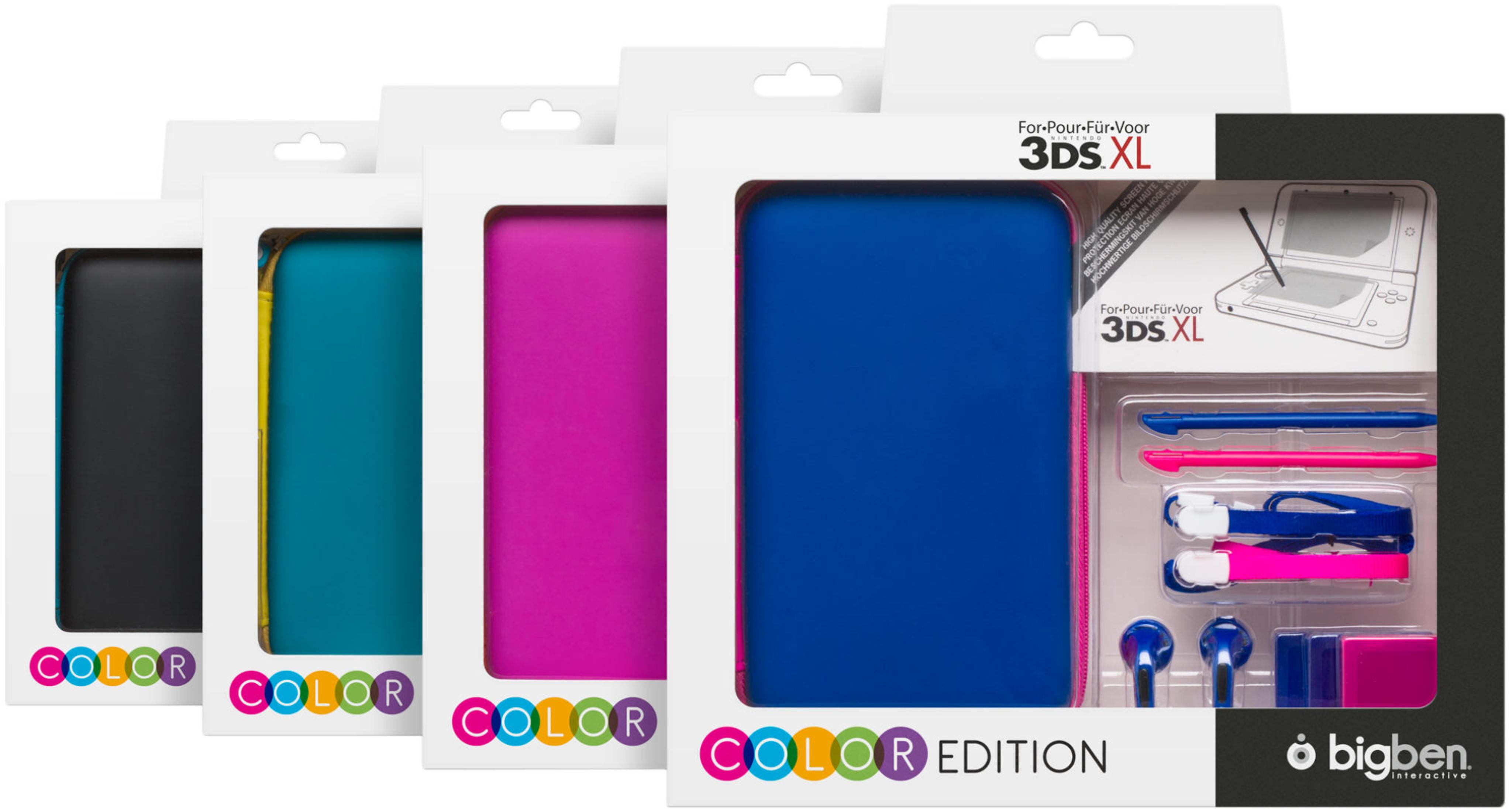 Scatole di custodie 3DS XL in diversi colori. Le scatole sono bianche e hanno grafiche.