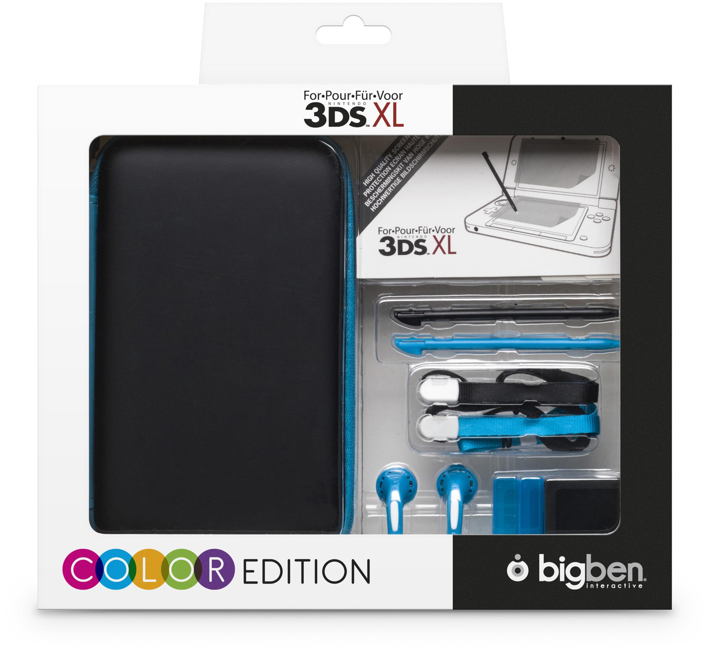 Una custodia 3DS XL con accessori, nera e blu.