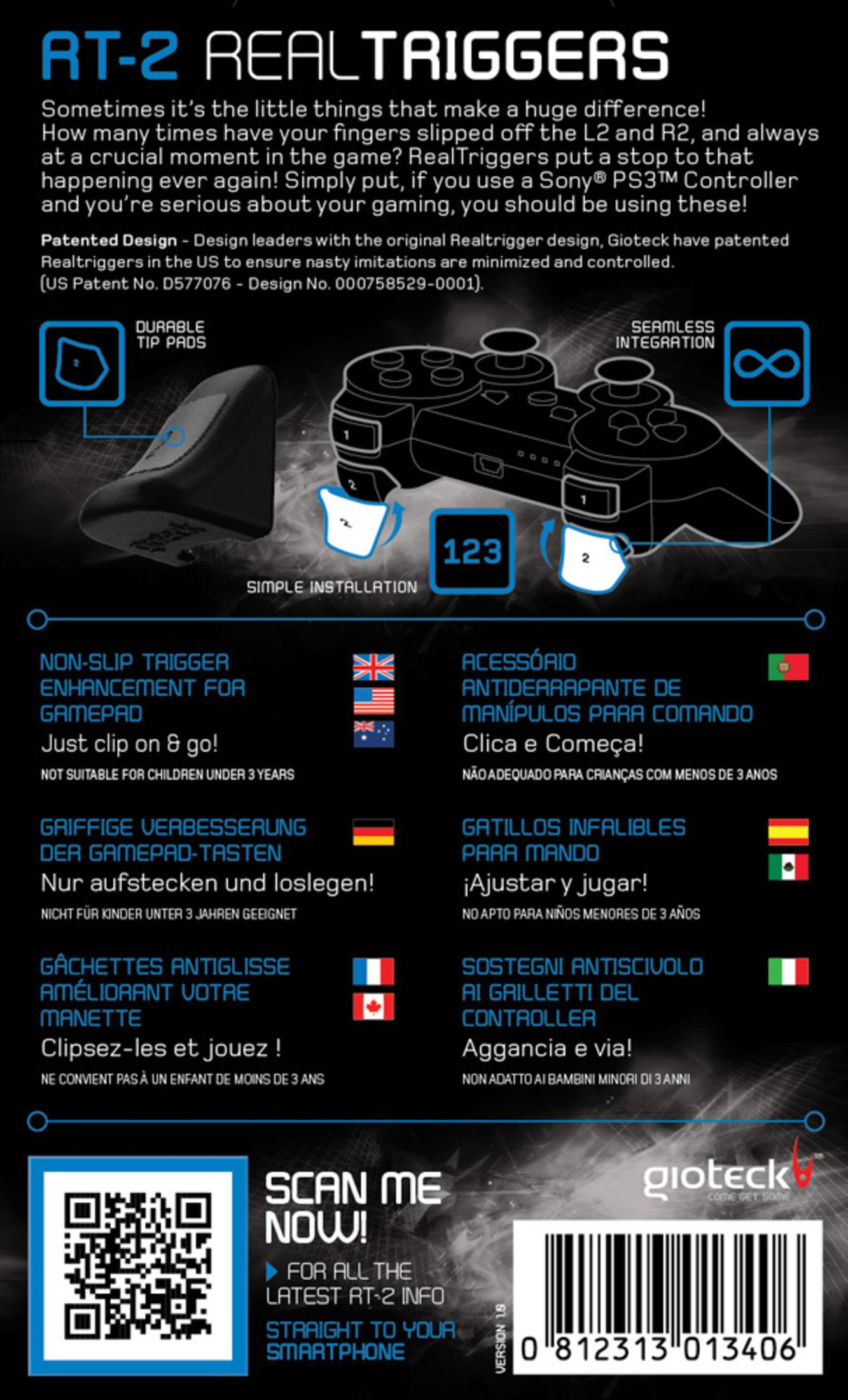 Confezione del controller di gioco su bianco. Testo e diagrammi sul retro.
