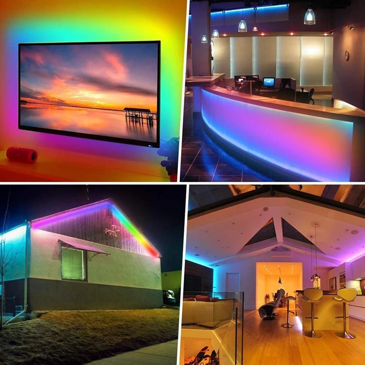 Vier Bilder, die Räume mit farbenfroher LED-Beleuchtung zeigen. Eines hat einen Fernseher mit Umgebungslicht.