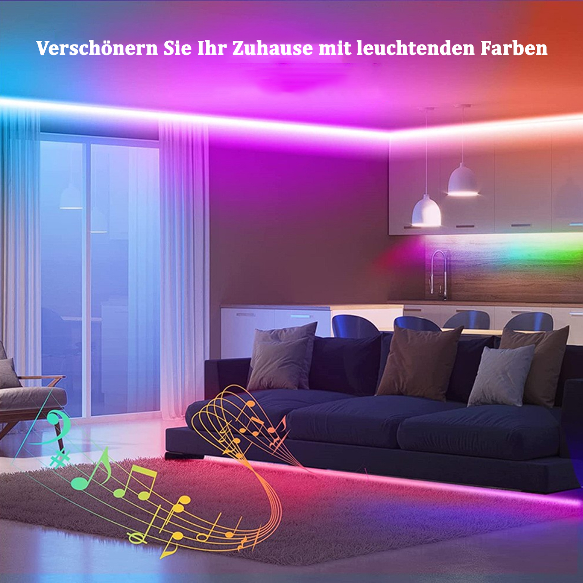 Wohnzimmer mit LED-Streifen an der Decke. Sofa, Kissen und Noten sind sichtbar.
