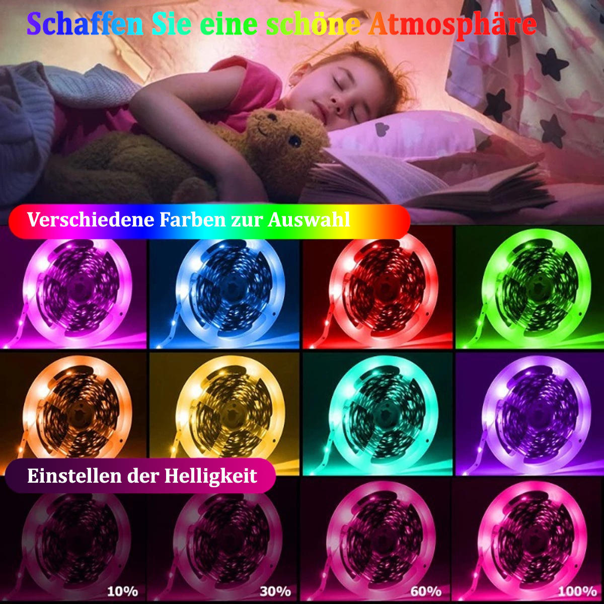 Ein schlafendes Kind mit bunten LED-Streifen. Die Lichter werden in verschiedenen Farben gezeigt.
