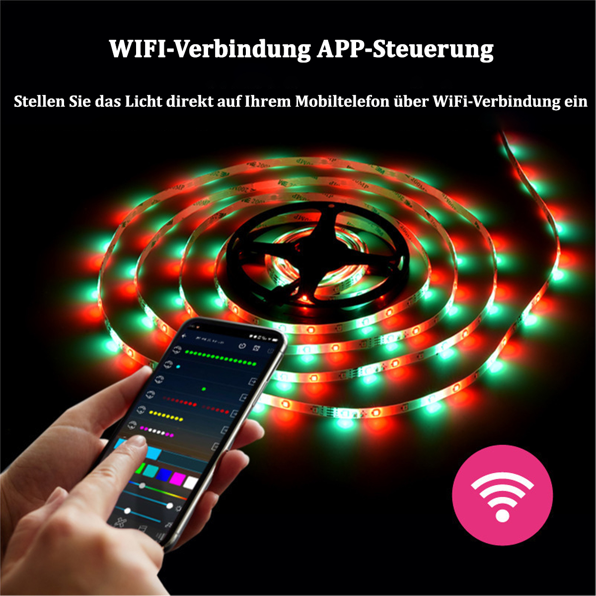 Hand, die ein Telefon hält, das farbige LED-Streifenlichter steuert. Text: WIFI-Verbindung APP-Steuerung.