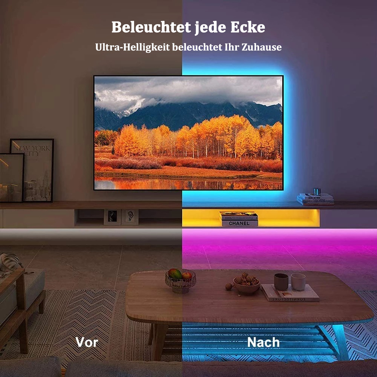 Wohnzimmer mit TV-Landschaft, beleuchtet von LED-Streifen.