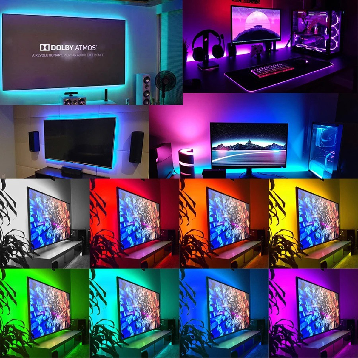 Mehrere Szenen mit LED-Streifenbeleuchtung, einem Fernseher und einem Computer-Setup mit verschiedenen Farben.