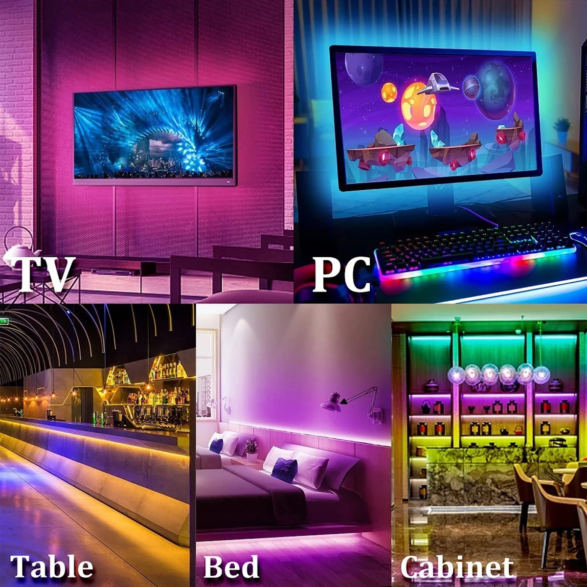 Mehrere Szenen mit LED-Beleuchtung. TV, PC, Tisch, Bett und Schrank, alle mit bunten Lichtern.