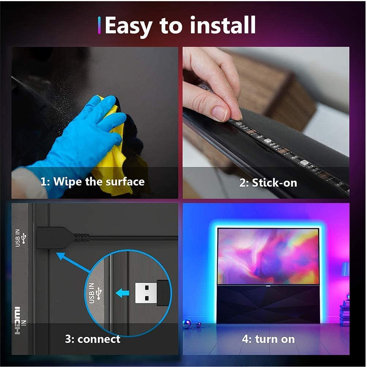 Bilder zeigen, wie man LED-Streifen an einem Fernseher installiert. Schritte: wischen, kleben, anschließen, einschalten.
